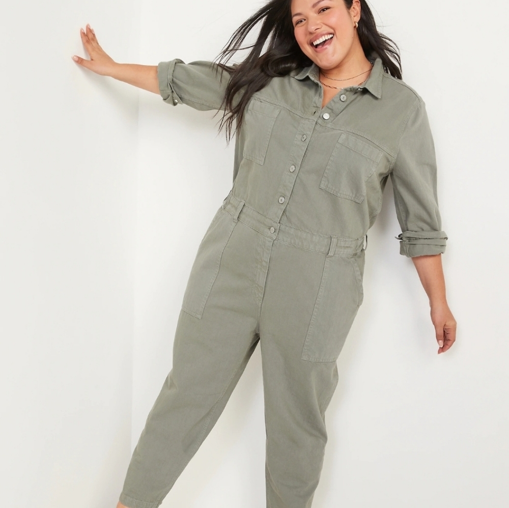 Long-Sleeve Cropped Jean Utility Jumpsuit for Women (GREEN)